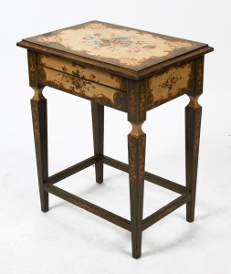 An Italian vanity table with all-over hand-painted decoration, compartmentalised drawer and flip-top mirrored box, circa 1910, 61.5cm high, 50cm wide, 35.5cm deep