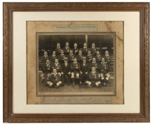 QUEENSLAND REPRESENTATIVE RUGBY UNION TEAM, SYDNEY, 1927. Black and white albumen print team photograph laid down on original card with captions. By Melba Studios of Sydney. Framed and Mounted. Sheet size 29 x 38cm, 61 x 75cm overall