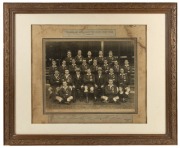 QUEENSLAND REPRESENTATIVE RUGBY UNION TEAM, SYDNEY, 1927. Black and white albumen print team photograph laid down on original card with captions. By Melba Studios of Sydney. Framed and Mounted. Sheet size 29 x 38cm, 61 x 75cm overall