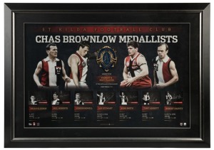 St Kilda FC signed Brownlow official print with replica Brownlow Medal. Limited edition #18 of 200. Signed by Brian Gleeson, Neil Roberts, Verdun Howell, Ian Stewart, Ross Smith, Tony Lockett and Robert Harvey. Official AFLPA CoA included. ​​​​​​​67 x 94c