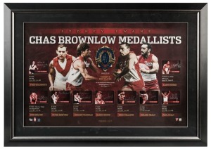 Sydney Swans / South Melbourne FC signed Brownlow official print with replica Brownlow Medal. Limited edition #22 of 200. Signed by Fred Goldsmith, Bob Skilton, Peter Bedford, Graham Teasdale, Barry Round, Greg Williams, Gerard Healy, Paul Kelly and Adam 