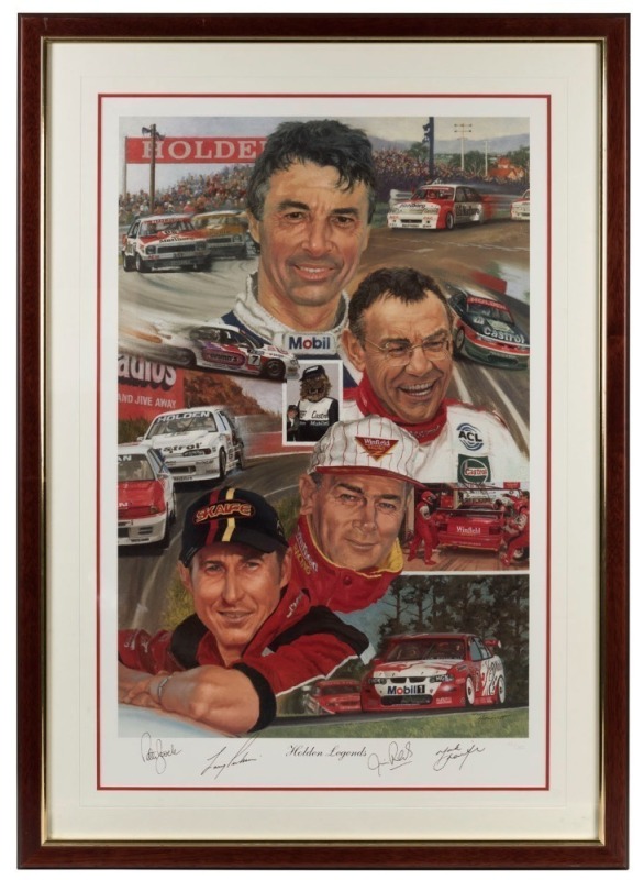 V8 - HOLDEN LEGENDS - signed by legends Peter Brock, Mark Skaife, Jim Richards and Larry Perkins.  Limited Edition #102/300.  Comes with ASM Certificate of Authenticity. Framed: 103 x 74cm.