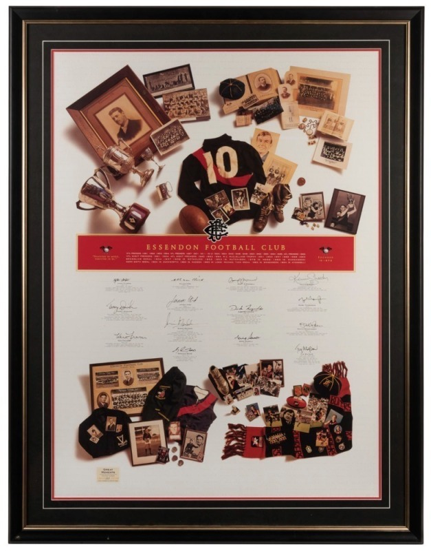 ESSENDON FOOTBALL CLUB LEGENDS poster - signed by 14 of the all time greats: Dick Reynolds, James Hird, Kevin Sheedy, Mark Thompson, Gavin Wanganeen, Tim Watson, Gary O’Donnell, Greg Sewell, Alan Hird, Simon Madden, Graham Moss, Jack Clarke, Terry Daniher