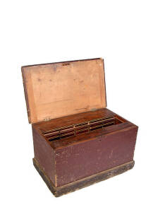 TOOL TRUNK: Georgian c1800 painted rustic pine exterior with beautifully fitted flame mahogany interior. Height 62cm, width 107cm, depth 64cm