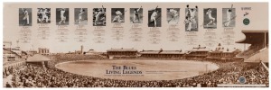 "THE BLUES LIVING LEGENDS The Greatest Living N.S.W. Team announcd 2nd January 2000" limited edition photographic display, marked "Artist Proof", signed by all 12 players including Morris, Simpson, Bradman, Harvey, Border, Waugh and Miller. Overall 30 x 9