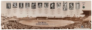 "THE BLUES LIVING LEGENDS The Greatest Living N.S.W. Team announcd 2nd January 2000" limited edition photographic display, marked "Artist Proof", signed by all 12 players including Morris, Simpson, Bradman, Harvey, Border, Waugh and Miller. Overall 30 x 92cm.