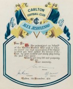 AN ORIGINAL PIECE FROM THE ALEX JESAULENKO COLLECTION: Carlton hand-painted and lettered certificate, 'Carlton Football Club. Alex Jesaulenko. Dear Sir, We, the undersigned, on behalf of the Carlton Football Club wish to place on record our high appreciat - 2