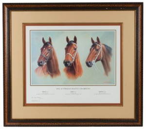 ALISTER SIMPSON (b.1934), "2002 Australia's Racing Champions", limited edition print (#2/500) depicting Ethereal, Sunline and Northerly, signed by the artist and accompanied by a CofA.; attractively framed & glazed, overall 95 x 106cm.