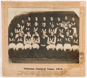 1914 Victorian 'Big V' Team, original team photograph by Talam Studios; with title, 'Victorian Carnival Team, 1914', and players names printed to lower mount, overall size 31 x 35cm. Some faults to mount. Team includes Billie Dick (Captain), Dick Lee, Dav