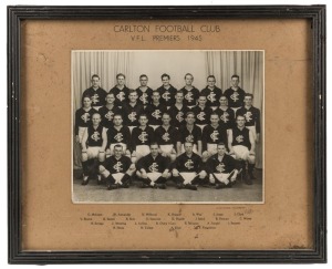 CARLTON FOOTBALL CLUB V.F.L. PREMIERS 1945 official team photograph by Allan Studios, Collingwood; mounted on printed card with the players names at the base; framed and glazed, overall 33 x 40cm.