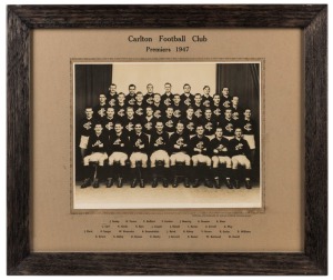 CARLTON FOOTBALL CLUB PREMIERS 1947 official team photograph by Allan Studios, Collingwood; mounted on printed card with the players names at the base; framed and glazed, overall 35.5 x 42cm.