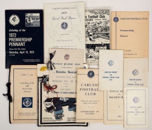 CARLTON: Norwood Football Club Smoke Social, Saturday Oct.22, 1921 with guests Members of Carlton Football Club souvenir programme; 1958 Carlton Football Club 1958 End of Season visit to Surfers Paradise Itinerary; April 1969 "Unfurling of the 1968 Premie