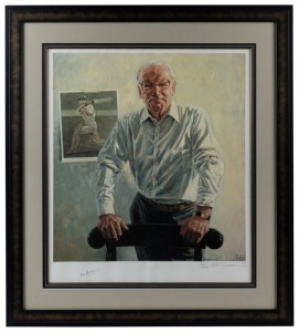 Portrait of Sir Donald Bradman by Bill Leak, colour lithograph numbered 180/334, signed by Bradman and Leak in the margin at base; framed and glazed, overall 106 x 95cm. Accompanied by a signed CofA from the Bradman Museum.