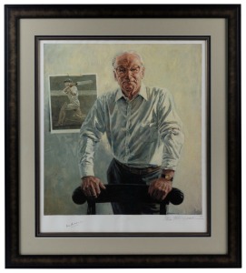 Portrait of Sir Donald Bradman by Bill Leak, colour lithograph numbered 180/334, signed by Bradman and Leak in the margin at base; framed and glazed, overall 106 x 95cm. Accompanied by a signed CofA from the Bradman Museum.