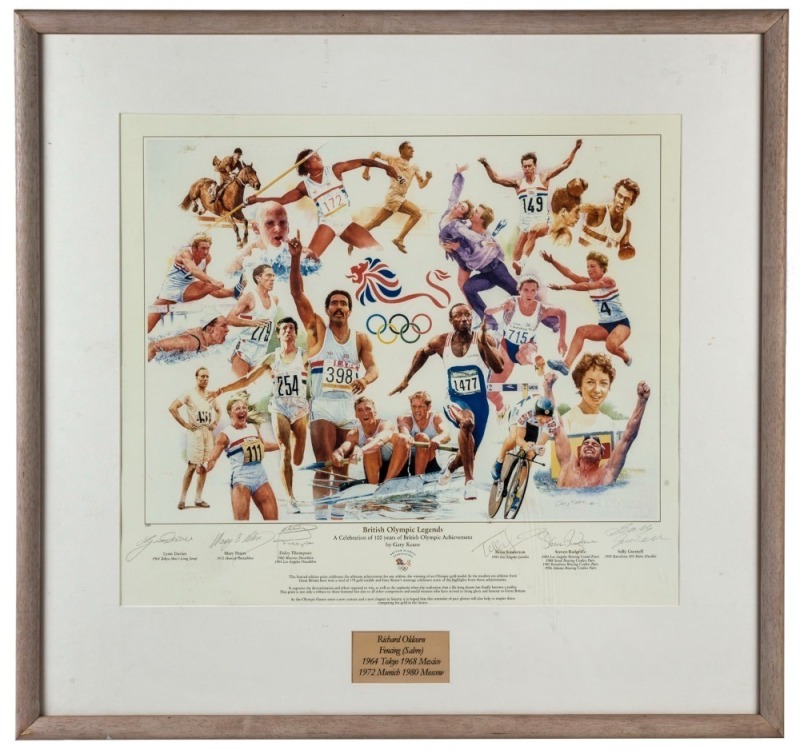 "BRITISH OLYMPIC LEGENDS" limited edition print by Gary Keane, with the original signatures of Lynn Davies, Mary Peters, Daley Thompson, Vess Sanderson, Steven Redgrave & Sally Gunnell. CofA affixed verso. Framed & glazed, 84 x 89cm.