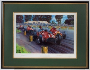 "Ferrari - The First Grand Prix Victory" limited edition print (#135/500) by Nicholas Watts; signed by the artist as well as Jose Froilan Gonzalez and Gigi Villoresi; also, Peter Brock/Jim Richards Hardie-Ferodo poster signed by the drivers; both framed, 