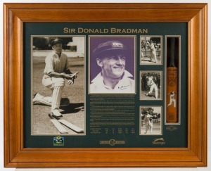 SIR DONALD BRADMAN LIMITED EDITION FRAMED PRESENTATION: #47/52 attractively framed and glazed collection of 5 photographs (1 with original signature) together with a miniature Don Bradman bat and deatils of his career. Overall 72 x 89cm.