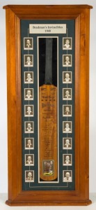 BRADMAN'S INVINCIBLES 1948: A presentation in specially constructed case, with a full size replica Don Bradman bat with applied signatures of the whole Australian team, additionally with a collector card with original Bradman signature affixed at base; the presentation further enhanced with portrait photos of the whole team. Overall 116 x 52cm.