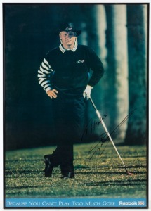 GREG NORMAN signature on Reebok poster, circa 1995; together with JOHN DALY signed cover of Sports Illustrated with COA. Both framed and glazed.The larger 89 x 63cm overall.