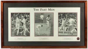 "THE FAST MEN" photographic triptych depicting Lillee, Thomson and Hogg, signed by all three Australian fast bowlers with signed CofA verso. Framed and glazed 64 x 115cm overall.