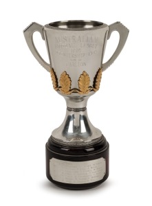 1995 Carlton Premiership replica cup on wooden base which features a base plate engraved with details of the team members, 210mm high.