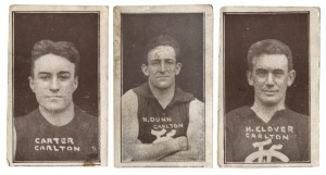 1925 Suburban Premium 'Victorian Footballers' [3/98], comprising 'Carter, Carlton', 'H.Clover, Carlton' & 'H.Dunn, Carlton' (all with advertising verso: Shop with Mrs.O.Legg, 157 Whitehorse Road, Box Hill). (3).