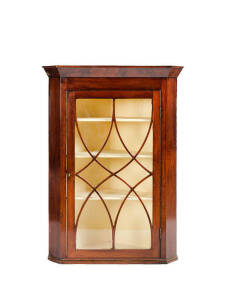 Georgian mahogany corner wall cabinet with astragal glazed door. English c1820s. Height 105cm, width 75cm, depth 44cm