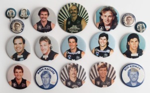 CARLTON PERSONALITY BADGES: 1950s-90s, a range of different types. Noted Clover, Henfry, Howell, Williams, Maclure, Kernahan, etc. (18, all different).