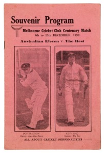 "Souvenir Program : Melbourne Cricket Club Centenary Match : 9th to 13th December, 1938 : Australian Eleven v. The Rest" with photos of the opposing captains, Don Bradman and Keith Rigg on the front cover. 16pp, printed by Edinboro Press Pty Ltd., Brunswick. Extremely scarce.Bradman's team was, in fact, the 1938 Test team; Rigg's team included Barnes, Gregory, Seivers, Tallon and Bromley. The match ended in a draw.