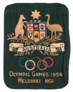 1952 SUMMER OLYMPICS - HELSINKI: An Australian Team blazer pocket with embroidered Australian Coat of Arms, Olympic rings and "HELSINKI 1952" later additionally embroidered for the "Olympic Games 1956" in Melbourne; team member unknown.