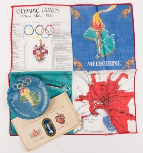 1956 SUMMER OLYMPICS - MELBOURNE: Group comprising two tickets to the main stadium contained in the Myer Emporium envelope, a souvenir ashtray by British Plastics P/L and a four section silk handkerchief depicting a list of all the events together with a 