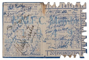 NORTH MELBOURNE FOOTBALL CLUB 1949 SEASONS TICKET (#3159), with details of the club leadership, the fixture, and room for holes to be punched for each game attended. In addition the card has been signed by numerous North Melbourne footballers including: L