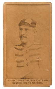 1887-89 GOODWIN & CO. (OLD JUDGE CIGARETTES - Celebrities Series) "Sonny" Elms, Captain South Melbourne Football Club card; 67 x 38mm. Note: In September 2013 we sold an 1887-89 Old Judge Cigarettes 'Celebrities - Tommy Leyden, Captain Carlton Football Te