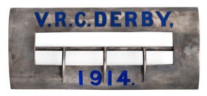 1914 Victoria Racing Club Derby, winner's silver buckle (no sash), with 'V.R.C. Derby 1914' in blue enamel, sterling silver, made by William Drummond & Co.