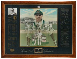 "A Tribute to The Don 1908 - 2001" large framed presentation described in the accompanying material as an "Exclusive Limited Edition Masterpiece personally signed by Sir Donald Bradman - Only 99 released Worldwide". This is #3/99 and is accompanied by a f