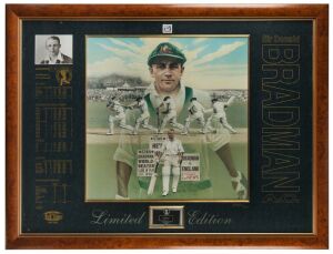 "A Tribute to The Don 1908 - 2001" large framed presentation described in the accompanying material as an "Exclusive Limited Edition Masterpiece personally signed by Sir Donald Bradman&nbsp;- Only 99 released Worldwide". This is #3/99 and is accompanied by a f