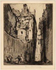 FRANK BRANGWYN (1867-1956), (street scene), drypoint engraving, signed in pencil lower right "Frank Brangwyn", 17 x 14cm, 38 x 33cm overall