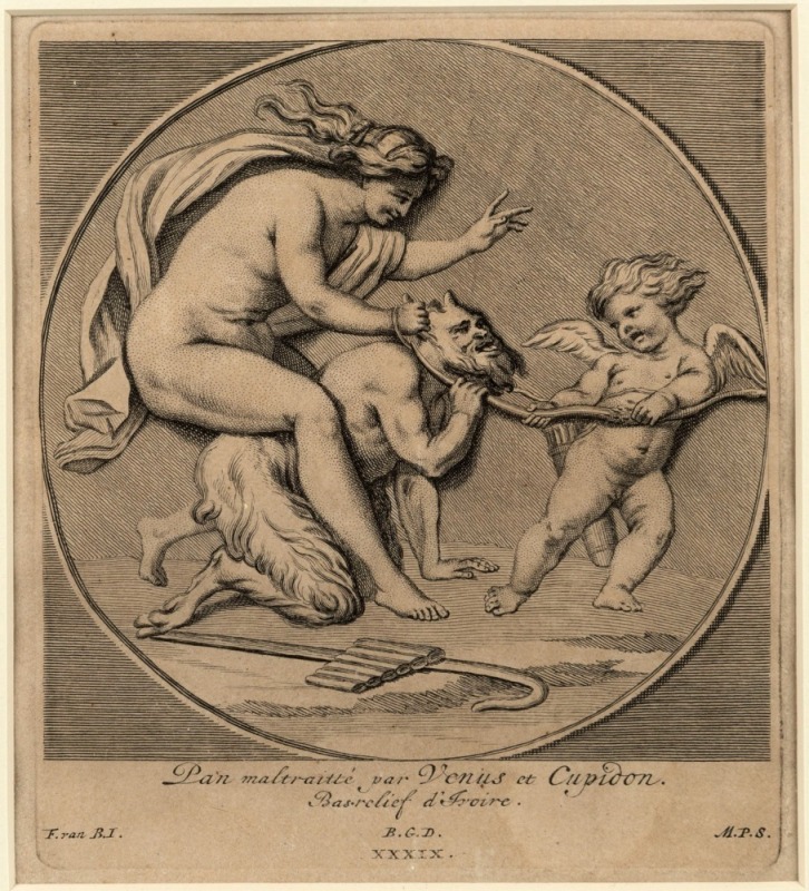 An antique engraving titled "Pan Maltraitte Par Venus et Cupidon" 15 x 14cm, 42 x 36cm overall