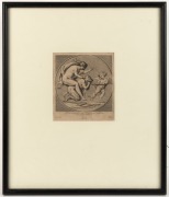 An antique engraving titled "Pan Maltraitte Par Venus et Cupidon" 15 x 14cm, 42 x 36cm overall - 2