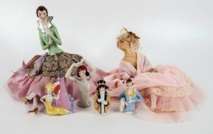 PIANO DOLLS, figural scent bottle etc, 20th century, (7 items), the green Art Deco example12.5cm high