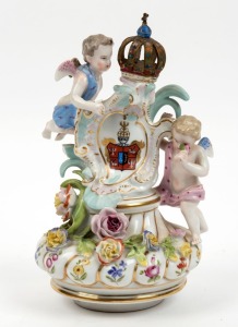 MEISSEN antique German porcelain lidded urn on stand with hand-painted classical scene, applied flowers and figural decoration, A/F, 19th century, blue crossed swords mark, 70cm high