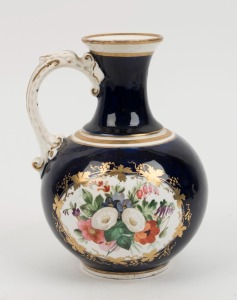 COALPORT antique English blue porcelain vase with hand-painted floral cartouche, early to mid 19th century, 18.5cm high