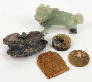 Five assorted Chinese carved jade and soapstone ornaments, unknown ages, the Foo dog 14cm long