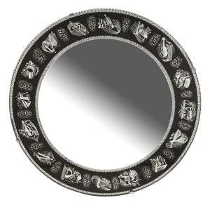 A vintage Italian circular wall mirror with decorative perimeter of music motifs, 20th century, 47cm diameter