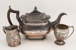 Antique sterling silver teapot, and two christening mugs, 19th/20th century, 980 grams total including handle