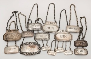 Fifteen assorted sterling silver decanter labels, various vintages,140 grams total