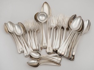 Georgian sterling silver cutlery with engraved armorial crests, comprising 12 dinner forks, 12 entree forks, 12 tablespoons, 12 dessert spoons, 12 teaspoons, a basting spoon, and four sauce ladles, by William Eley, William Fearn & William Chawner of Londo