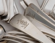 Georgian sterling silver cutlery with engraved armorial crests, comprising 12 dinner forks, 12 entree forks, 12 tablespoons, 12 dessert spoons, 12 teaspoons, a basting spoon, and four sauce ladles, by William Eley, William Fearn & William Chawner&nbsp;of Londo - 2