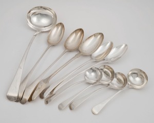 Georgian sterling silver serving spoons and ladles including HESTER BATEMAN, (10 items), the ladle 34cm long 955 grams