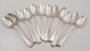 Set of twelve Georgian sterling silver tablespoons by William Chawner of London, circa 1824, 21.5cm long, 580 grams total